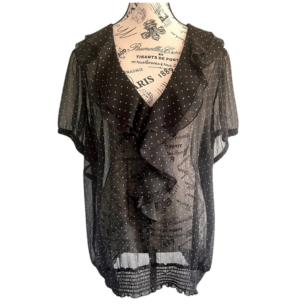 Addition Elle Sheer Polka Dot Ruffle Blouse – US 20p | Black & White